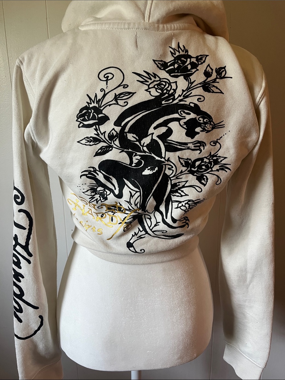Ed Hardy Cream Zip Hoodie with Black Panther and Gold Script - Picture 2 of 5